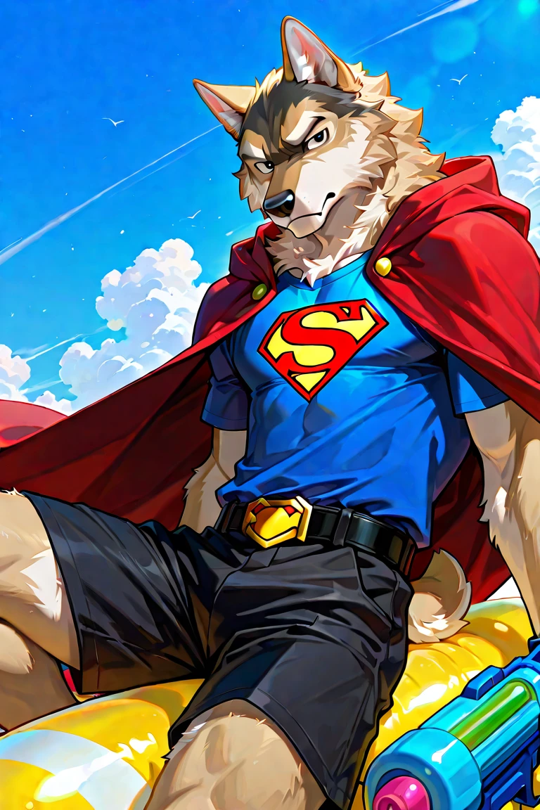 a muscular brown wolf wearing a superman costume a big bulge under his costume, e621 chunie art style