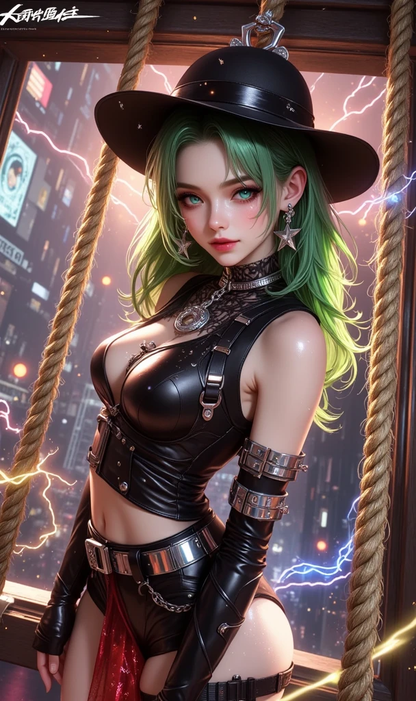 (masterpiece, best quality, 1girl, solo, intricate details, chromatic aberration), ((nude)), (beautiful face:1.4),  arm tattoo, arm up,  belt, large breasts, belt buckle,  black choker, black hair,red lipstick, black nails, black thigh highs, open robe, black robe, blue eyes,  full moon , blurry background, breasts,  witch hat, buckle, choker,  closed mouth, collarbone, fishnets, cross, green highlights, cross earrings, night, city skyline, sharp eyes, empty streets,  depth of field, earrings, fingernails, gradient hair, green hair, highres, jewelry, lens flare, lipstick, long fingernails, long hair, looking at viewer, makeup, multicolored hair, nail polish, navel,  outdoors, ring,   solo, stomach,  tattoo, thick eyebrows, toned, wristband, <lora:inniesBetterVulva_v11:0.4>,    <lora:LORAChineseDoll_chinesedolllikeness1:0.2>