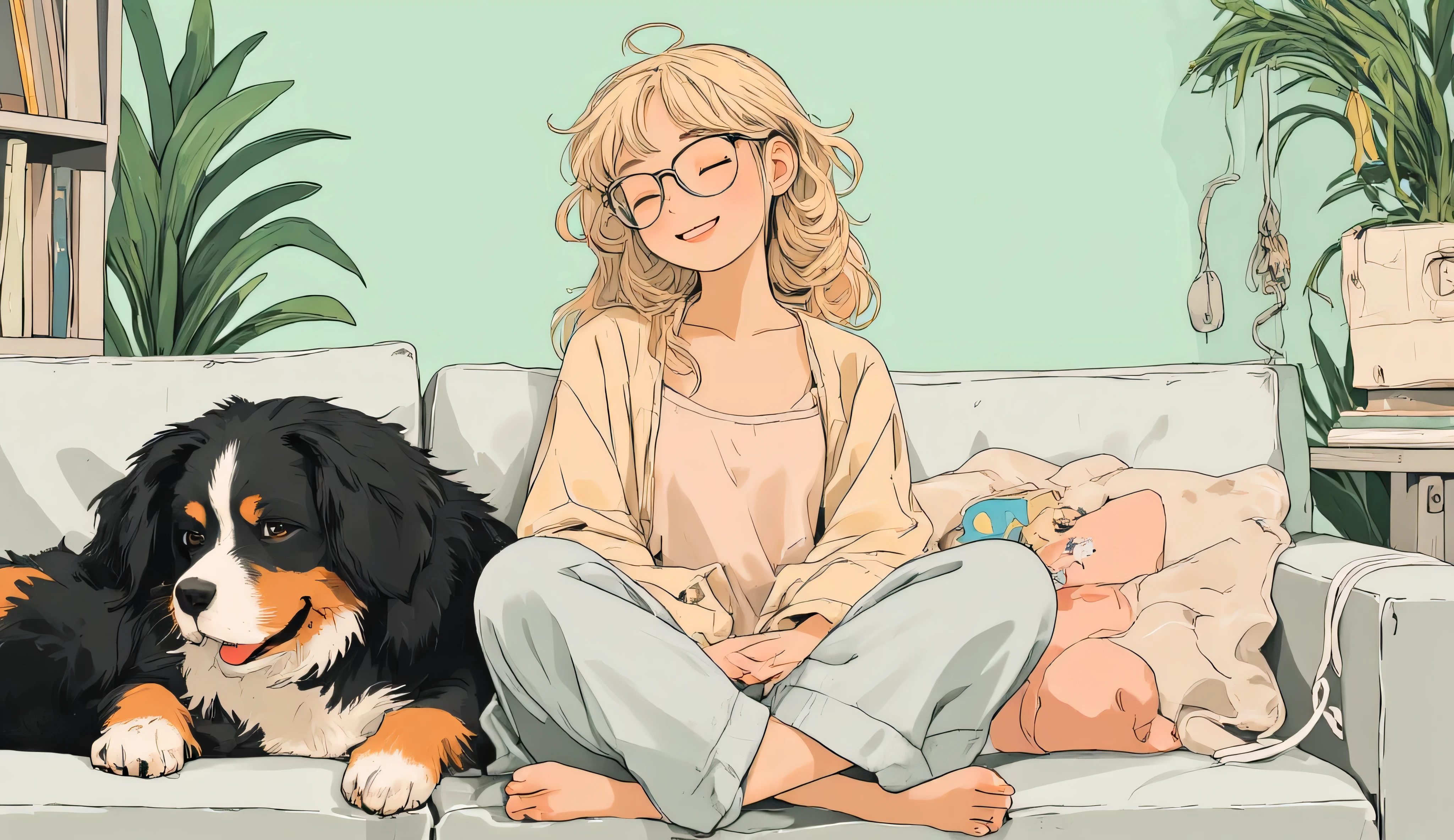Anime-style illustration, 16:9 wide shot designed for a YouTube end screen. A cheerful 25-year-old blonde woman with soft wavy shoulder-length hair styled in a loose messy bun sits cross-legged on a cozy couch at the bottom of the frame, eyes closed and big smiling warmly at the camera. She wears reading glasses, a soft beige cardigan over a pastel pink tank top, and light grey pajama pants. A fluffy, full-sized Bernese Mountain Dog lies curled up beside her with its head gently resting on her leg, tongue out and joyful eyes looking at the camera. The dog has thick black fur, a white snout blaze, and distinct tan markings. Both are positioned in the lower third of the image. Background: clean soft mint green (#b9fbc0) with subtle bookshelves and a potted plant in the back corner, cozy anime style, no text.


