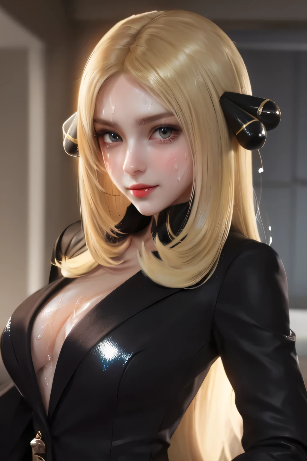 (masterpiece), realistic, best quality, ultra high res, beautiful detailed hair detailed face, kafka, honkai star rail, gigantic breasts, by william-adolphe bouguereau, blonde twintails hairstyle, blushing hard, nose blushing, eyewear, 28 years old