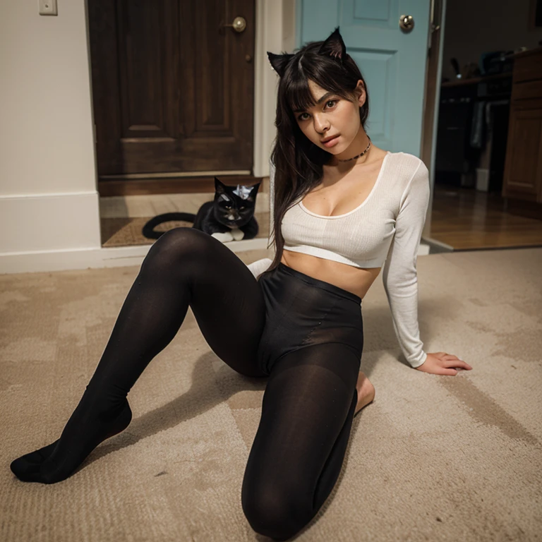 Age: 16
Height: 180 cm
Weight: 60 kg
Cup Size: G-Cup
Waist Size: 56 cm
Hips Size: 95 cm
Ass Size: 70 cm
Hair: Long, dark brown
Eyes: Bright green
Skin: Smooth, pale
Ears: Pointed cat-ears
Tail: Cute, fluffy cat-tail
Clothing: Wears a form-fitting black dress, with thigh-high black stockings and platform heels, accentuating her new curves and features.*