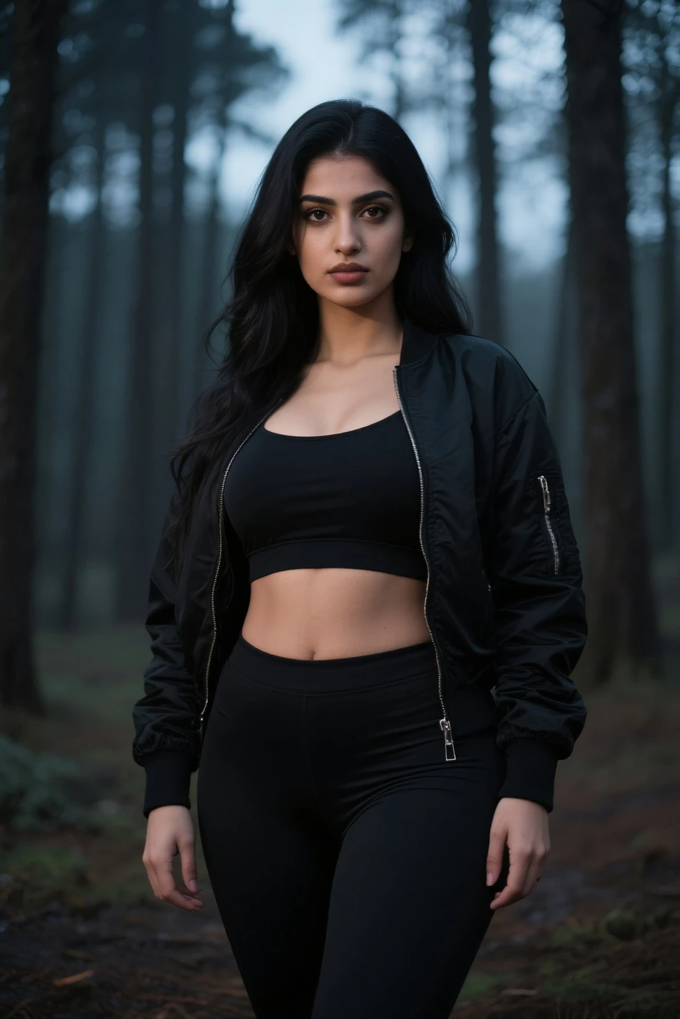 A beautiful pakistani woman with wavy hair attractive eyes in snow mountains, all detailed, sexy legs, Wearing black leggings and hoodie , galaxy background , mistborn, wet, raining, best quality masterpiece, realistic photo, detailed, 8k, HDR, shallow depth of field, wide light, high contrast, backlight, light flares, chromatic aberration, sharp focus, RAW color photo, all very detailed, navel, 6 pack abs, abs, open buttons hoodie, nude, naked, juicy pussy, pussy