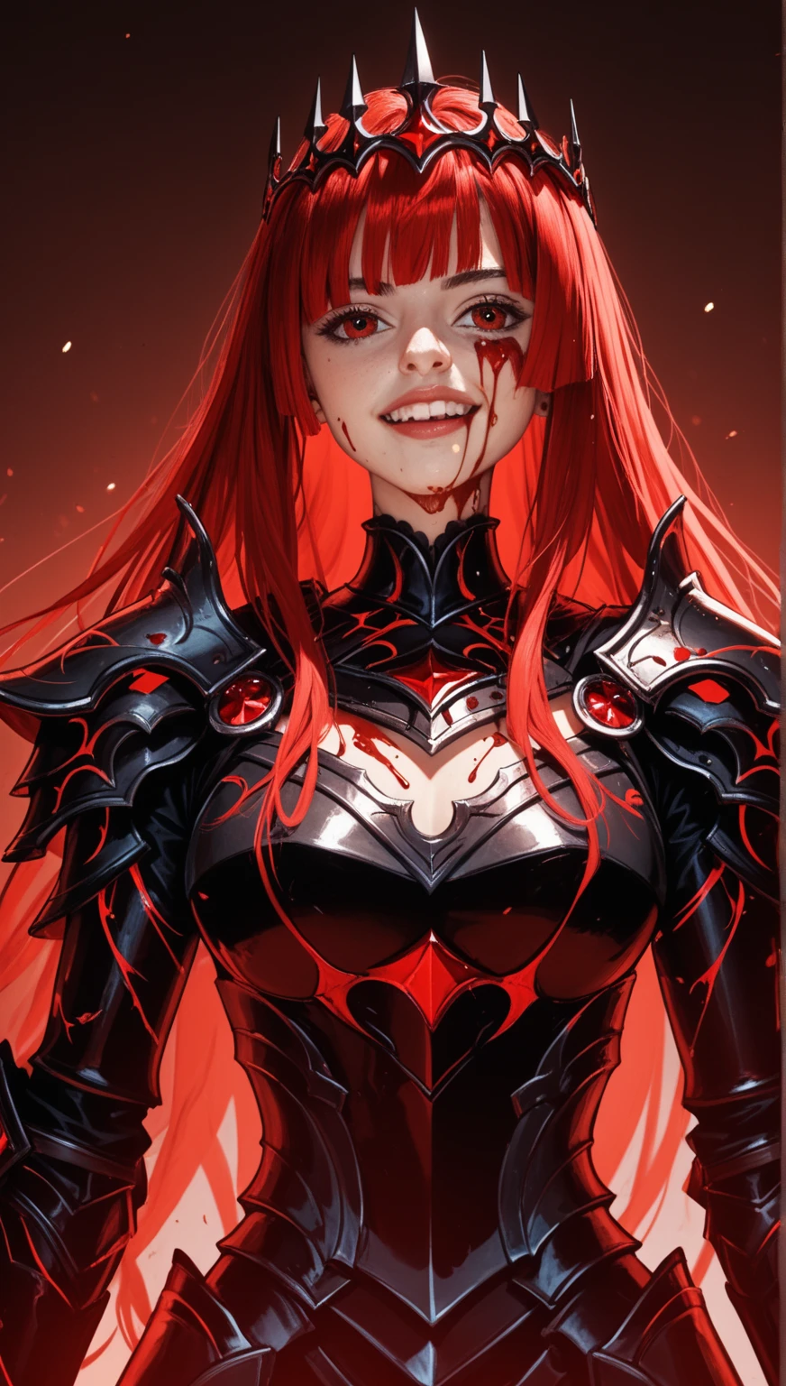 in style of Harry Clarke,character concept design,half body,female paladin,angry, screaming, crazy smile,fighting pose,Magic Effects,Metallic details,Red tone,Unknown background,