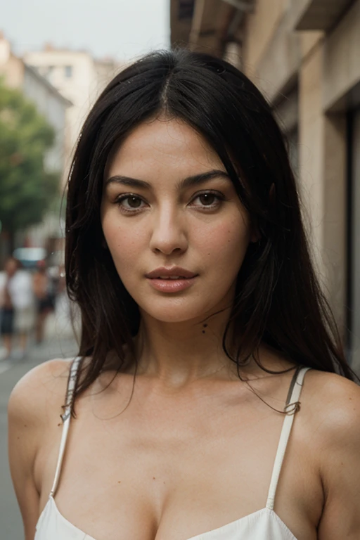 RAW, style, A stunning street photo of a 38-year-old woman, beautiful with striking features. She must have long black hair, a captivating look and a seductive expression. The background should be rome, allowing the woman to be the focal point of the image. Please pay close attention to details, such as highlights and shadows on your face and hair, to create a realistic and realistic image. Try different lighting techniques to improve the mood and atmosphere of the portrait. The final product should be a masterpiece that captures the essence and beauty of the woman, ((highly detailed skin, skin details)), sharp focus, volumetric mist, 8k UHD, DSLR, high quality, film grain, Fujifilm XT3, full body