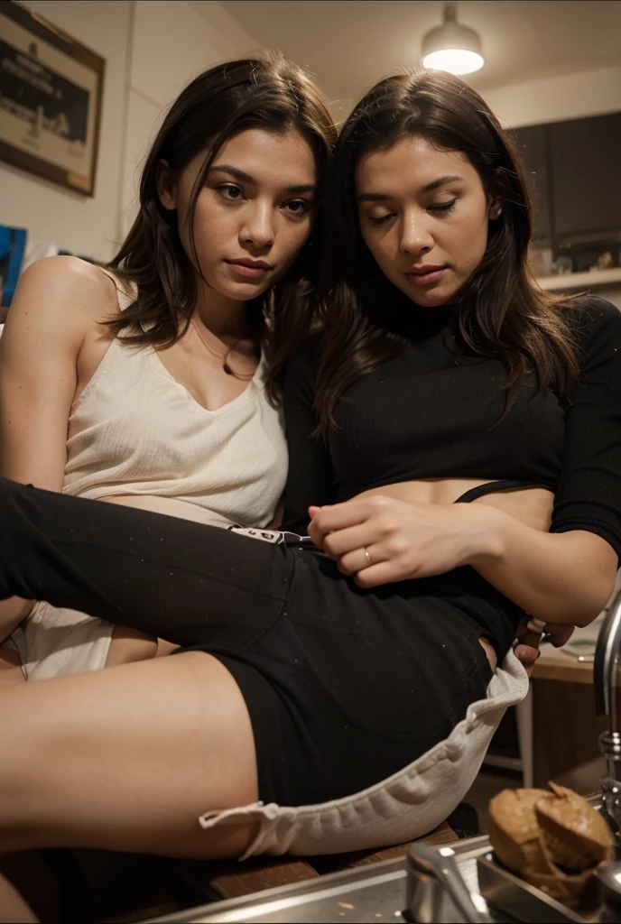 adult woman 30 years old with young boy 15 years old, sitting on sofa, talking to each other