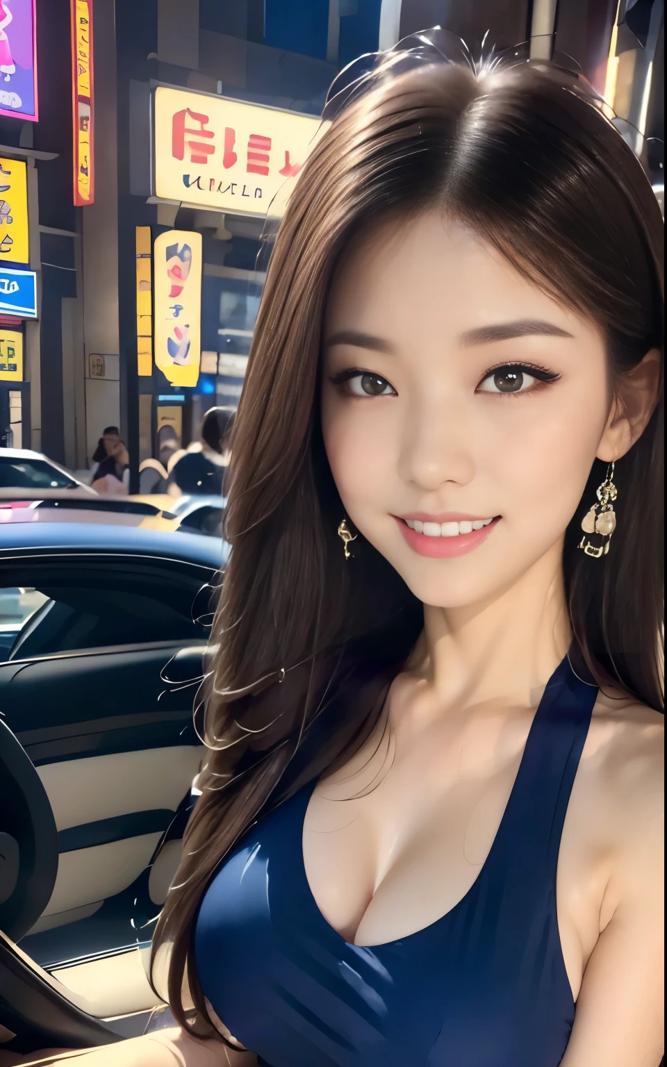 tall woman,(masterpiece:1.2, Highest Quality), ( realistic , photo realistic :1.4), Big Breasts:1.2, beautiful illustrations , ( Movie Light), Keep Staring at the Audience ,in a taxi,night,neon signs,都市のnight景, Half Body Shot ,front view , perfect face, black hair , round iris,Round pupils,detailed eyes,double eyelids, long lashes , beautiful hair, beautiful face, beautiful body , dark blue maxi dress , very affectionate smile:1.3,175cm
