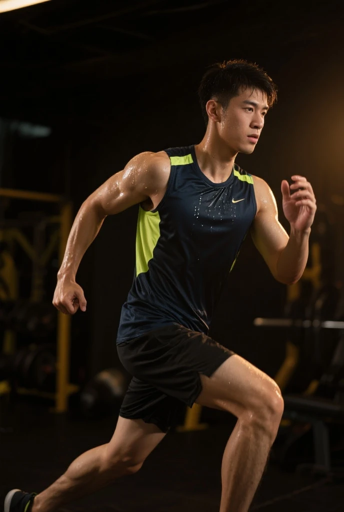Japanese sportsperson guy, 25 years old, socker shirt, see-through outfit, Men's Underwear, wet body, park sharp eyes, night socker field background