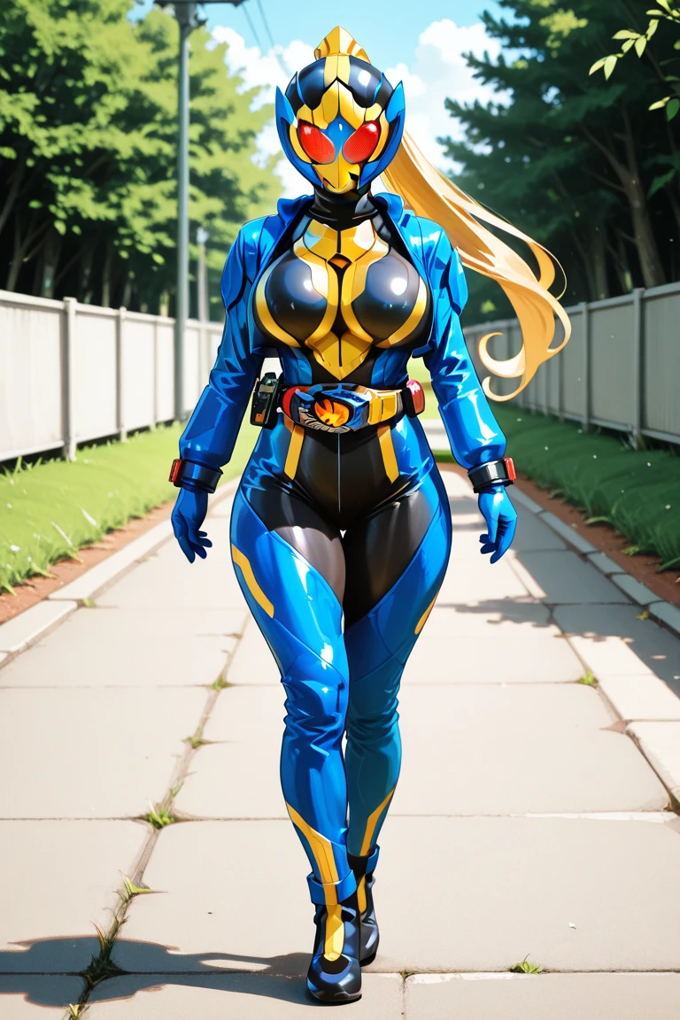 women, Blonde Long blond hair, Blue ,eyes, BLue body armor, gray Overall, big breast, blue leahter pants, black Long boots, standing in the City