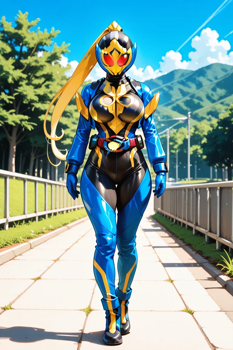 (Masterpiece, Superb Quality, Super Delicate, High Resolution), Male Focus, (((Kamen Rider Empty Me))), (Mechanized))), (She Has Long Blue Hair, Big Breasts, Slim), (Standing Pose), Pose for Photo, Top-Down View, City Ruins, Background Details, (((Full Body))), From Above, Solo