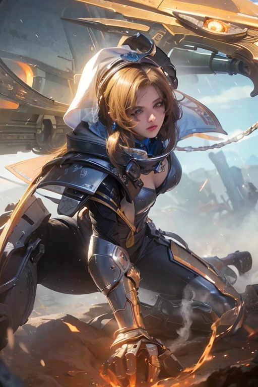 A short straight blonde haired british girl, bang, bob cut, blue eyes, 15 years, young, pale skin, slender body, small breast, tiny chest, Ultra high res, uhd, (photorealistic:1.4), doll-like face, futuristic armor, plasma sword