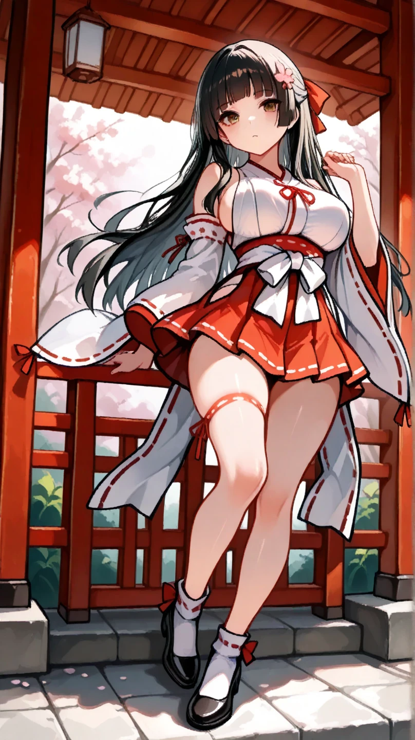 cat ears big breasts princess cherry blossom shrine maiden shrine maiden costume black hair shrine