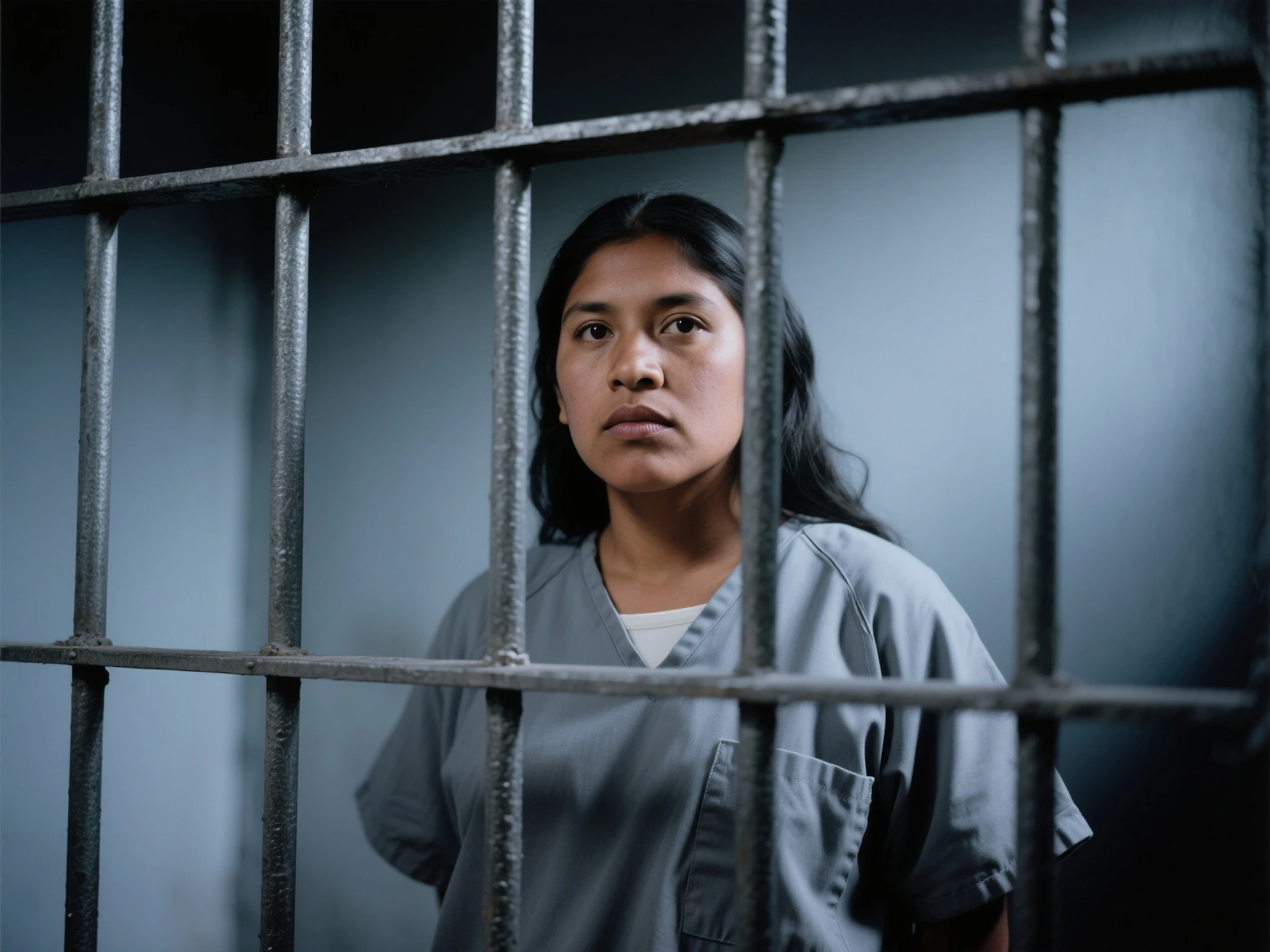 Linda mulher, idade 25 anos, wearing prison clothes, is inside a prison cell((imagem completa)),((imagem realista))