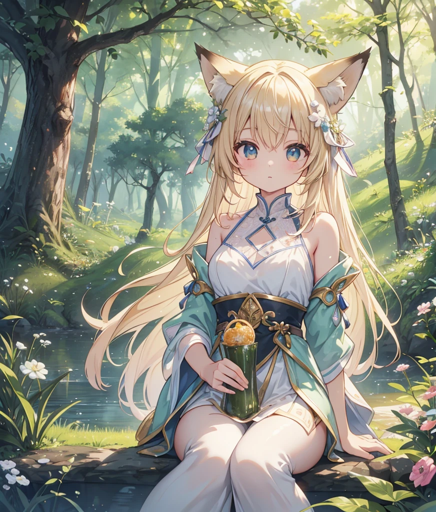 (best quality,4k,8k,highres,masterpiece:1.2),ultra-detailed,(realistic,photorealistic,photo-realistic:1.37),Anime girl laying down,smiling,in a forest,surrounded by beautiful nature,majestic,spirit blossom,portraits,vivid colors,lush greenery,bright sunlight,soft shadows,gentle breeze,sparkling dewdrops,ethereal atmosphere,colorful flowers and leaves,magical aura,floating petals,light rays penetrating through the treetops,peaceful and serene ambiance, girl is blond, blond hair, girl is gorgeous beuty, looking at the distance, anime, details, 
