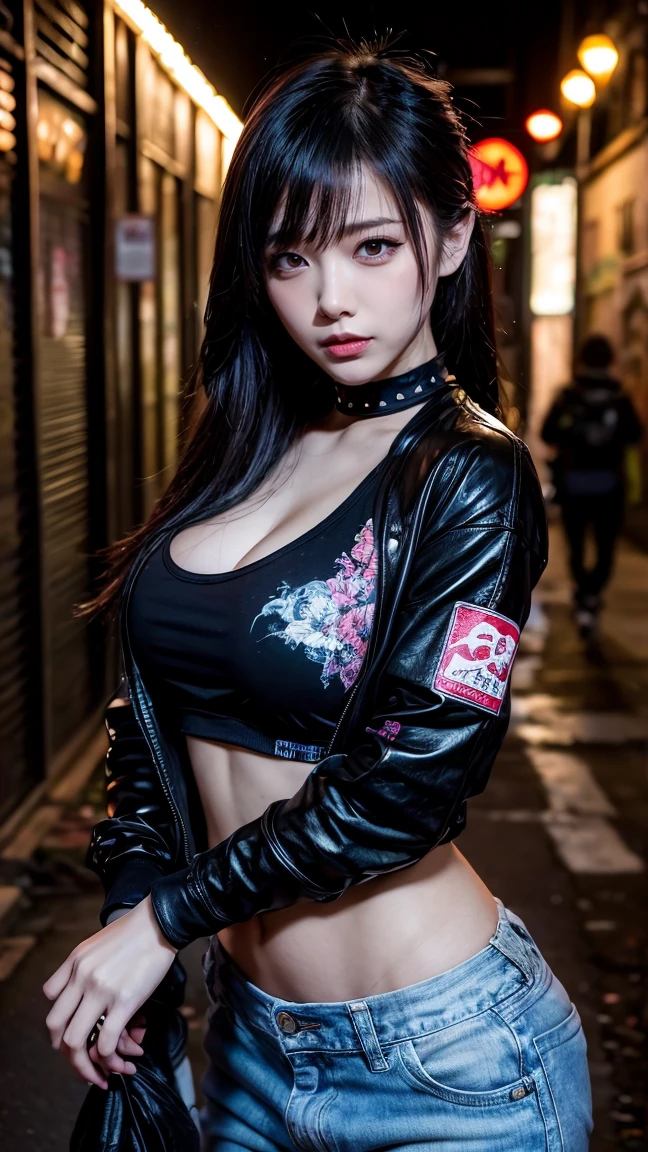 One girl, Gray Hair, Long Hair, Techwear masterpiece, highest quality, Realistic, realism, Dark purple jacket, Portraiture, Fine grain, , Platinum Hair, 21 year old girl, Fashion pose, Half Body, Wide shot, on the road, cyber punk,(((He has many tattoos all over his body)), (((Tight waist))), ((Big Breasts)),(See-through)，panties