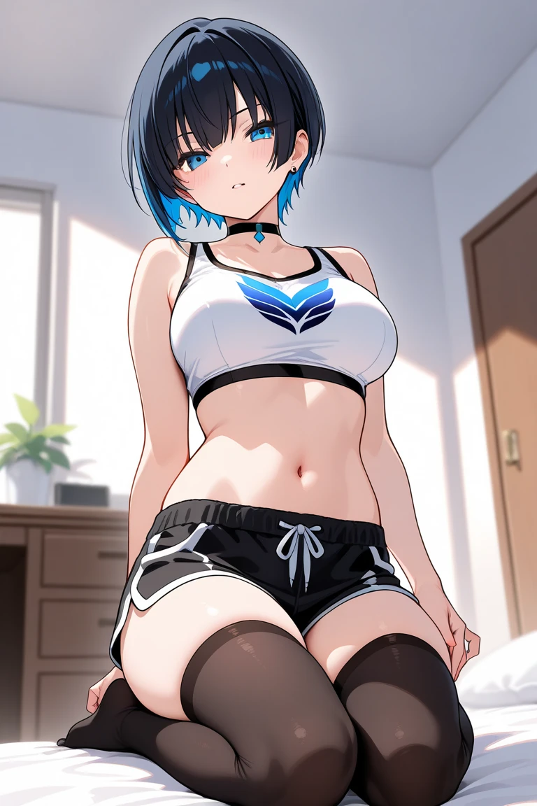 score_9, score_8_up, score_7_up, score_6_up, source_anime, 1boy, standing, kill la kill, satsuki kiryuin, indoors, short hair, ((shota)), huge thighs, shorts, grin, sitting, genderbend, solo, ftm, genderswap, femboy, ikuchan