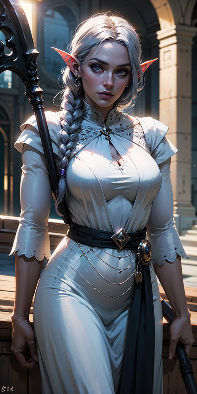 (Masterpiece, best quality, intricate details, 1sologirl) iron collar, arms behind back, iron cuffs, shackles, bound ((standing by wooden pole:1.2)) looking from above happy closed mouth, (Female drow elf chest covered very purple skin)(smile) pale golden hair and violet eyes. They prefer clothing of white and silver with cloaks of deep blue or purple, village background, huge knockers, ((very precise detailed)), ((high res)