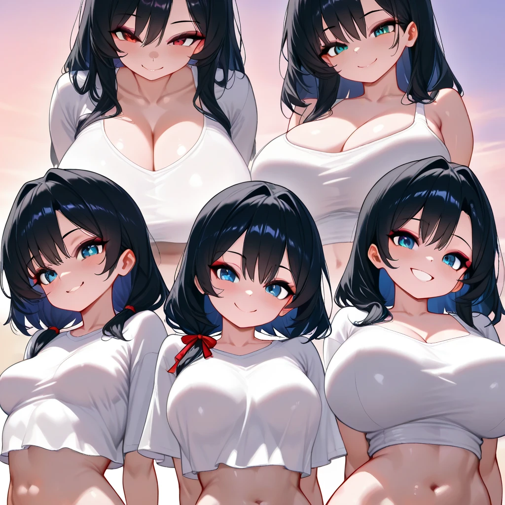Hime cut with long black hair、Full-body illustration of a girl with straight bangs and blue eyes。she is wearing a white bikini、Have big breasts。She is smiling and making a peace sign with both hands.。