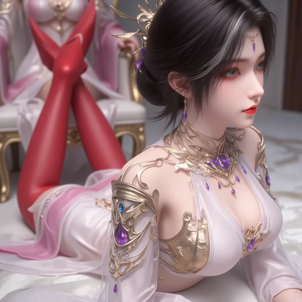 A young man dressed with pirate costume,  esting pizza with a girl dressed like a Spider Woman with a tight predominantly white outfit. Art nouveau living room, curvy furniture, big windows, drapped curtains. Palette with white, taupe, lilac, happy colours. Highly intrincate. Illuminated by lamps.