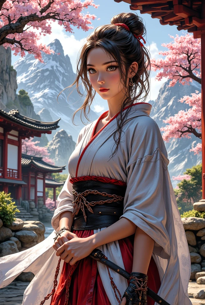 (High Detail:1.2) Anime girl, (Best quality, Detailed), Top quality, high resolution, perfect human structure, 1girl, (solo), elf, long hair, ponytail, black hair, (red eyes), serious, gravelly:1.3, dark:1.2, fair skin, white kimono, beautiful, big breasts, plunging neckline, intense look, dynamic pose, lie on your back in the grass, japanesse temple behind, (8k, vibrant colors, digital art, concept art)