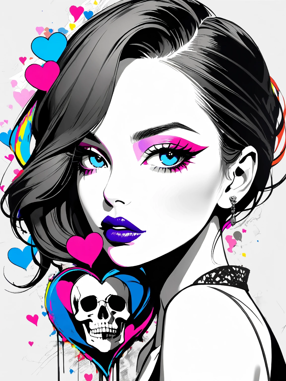 (monochrome:1.4), a woman with  ( colorful  hair:1.4) and tattoos on her chest and chest, with a black bra top and a black bra, (realistic:1.2)