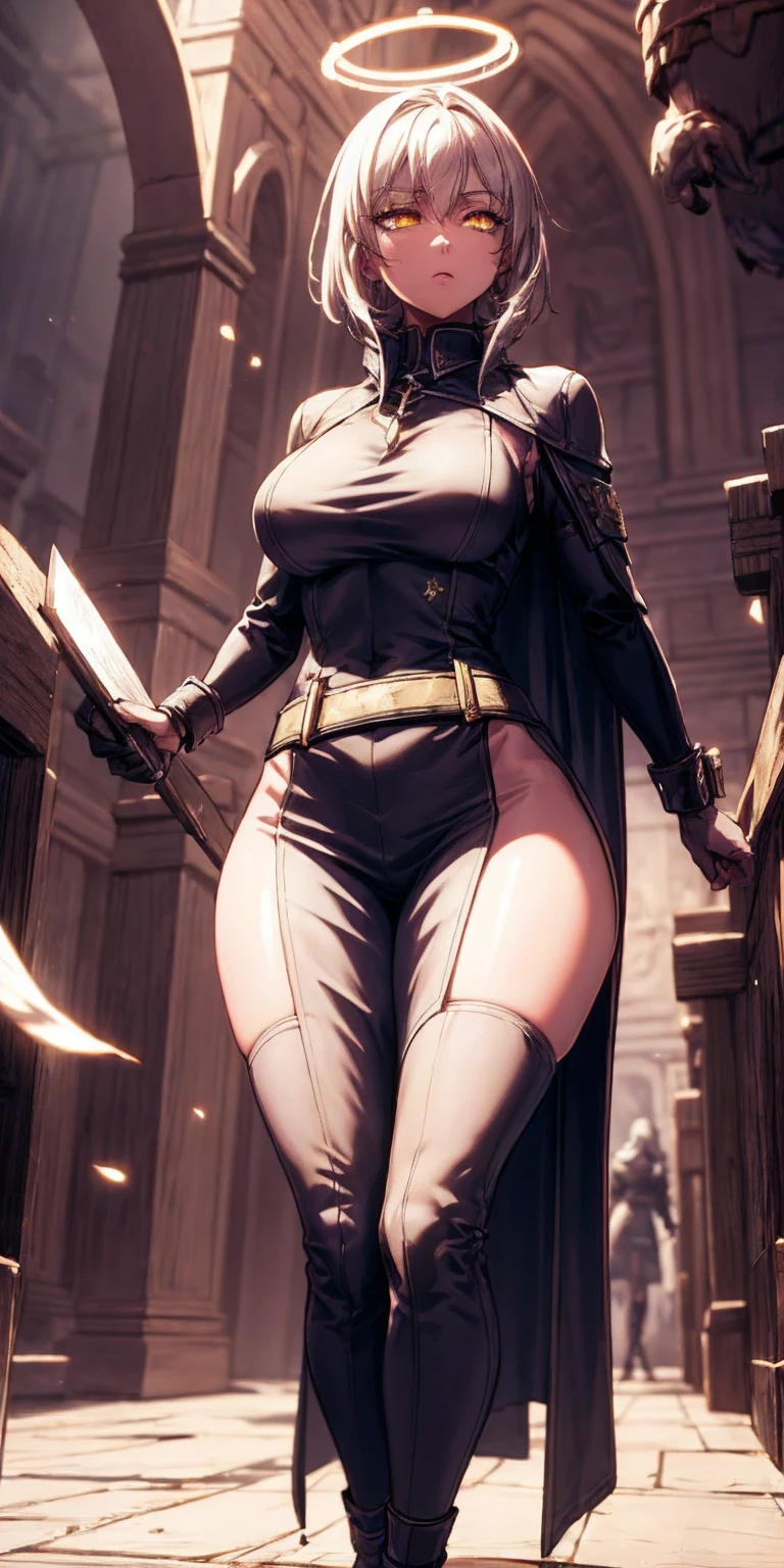 Woman knight、a beauty girl、huge tit、Excellent style、Nice Buddy、glamorous、leotard、s Armor、Shoulder rest armor、Bra chest armor、knee boots、gauntlets、hair adornments、silber hair、Longhaire、Ahoge、is standing、full body seen 、Medieval city、Walking、slightly open mouth、a smile、