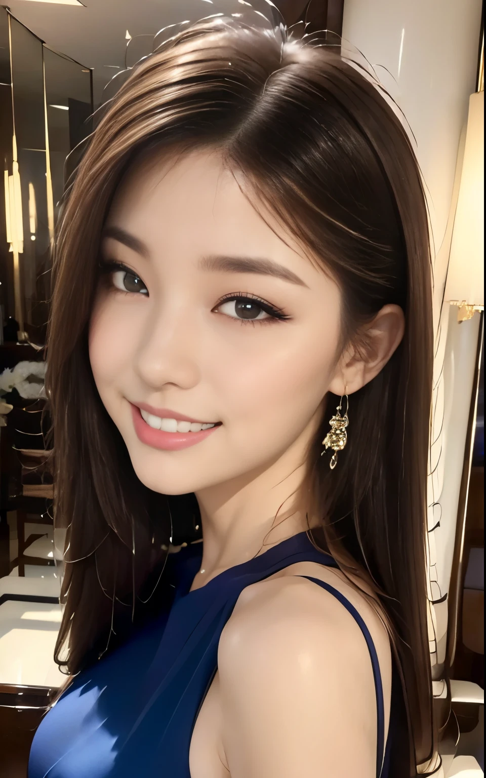 (24-year-old lover), (Colossal tits:1.3), Have a sumptuous dinner in front of you、wining、Shiny blue silk dress、(master piece: 1.3), (max resolution: 1.4), (UltraHD: 1.2), cinematric light, UltraHD,Flush cheeks:1.2、 (Detailed eyes and skin), (detailed facial features), nffsw, 8K分辨率, Perfect Style, Beautiful expression、Highly detailed facial and skin texture、A detailed eye、二重まぶた、eye liner:1.2、eyeshadows:1.2、shinny skin、fair white skin:1.8、Red Rouge、Dark lipstick:1.2、shiny little necklace and earrings、shiny lip:1.2、Glossy lips:1.2、((FULL BODYSHOT:1.2))、(Layered Hair Style、lightbrown hair)、medium-Long hair、(Very affectionate smile:1.4)