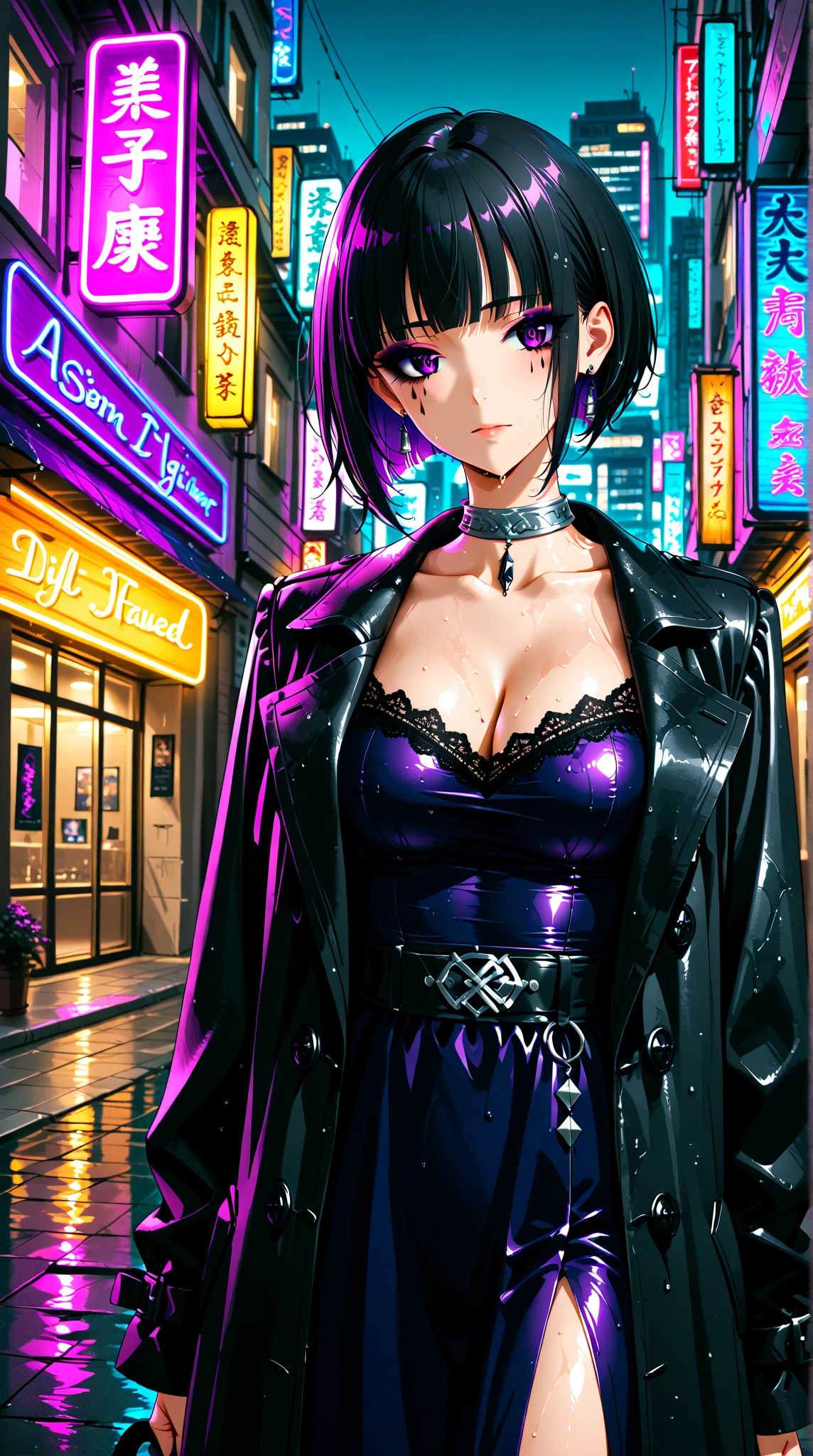 top-quality、tmasterpiece、Very high resolution、super high image quality、High-quality pixels)、perfect eyes, perfect face, perfect body figure,solo,8K, large breast,(Detailed description of hair), (Detailed description of face),(Detailed description of body), fair and clear skin, matchless beauty, long legged, purple long hair details expressed, The details have been upgraded,opaque purple eyeball color,model posture,cowboy shot,ponytail,cropped jacket, black leotard, 8k, tokyo city street background, night, stars, moon, perfect detail,long tight pants,tightsuit