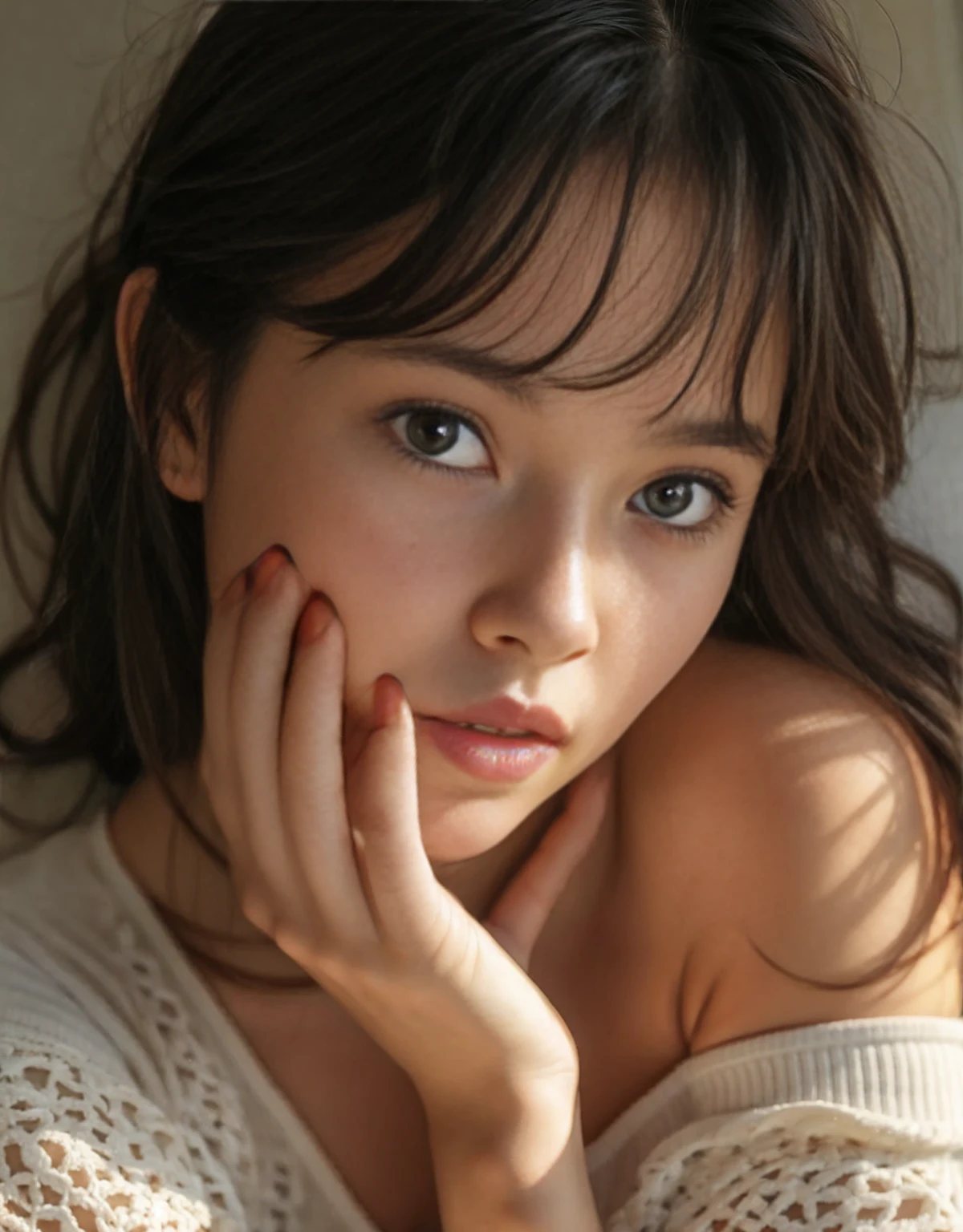 Asian brunette with blue eye showing pussy