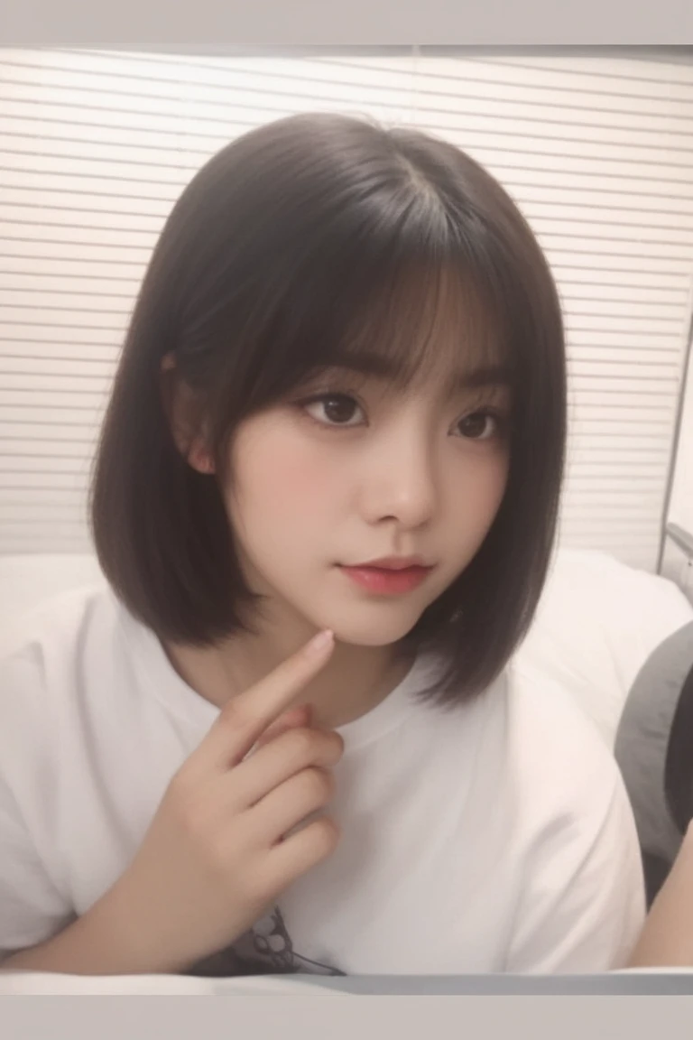 　masterpiece、Highest quality、Realistic、超High resolution、High resolution、16k wallpaper、Very detailed、Finer details、Cinema Lighting、A white room with a glass pedestal、Selfie of one woman, Symmetrical face、Very detailed顔と肌の質感、Natural Makeup、A small smile、Detailed eyes、Symmetrical black eyes、Medium short wavy hair、High quality white tight t-shirt、nice, Japanese Gravure Idol