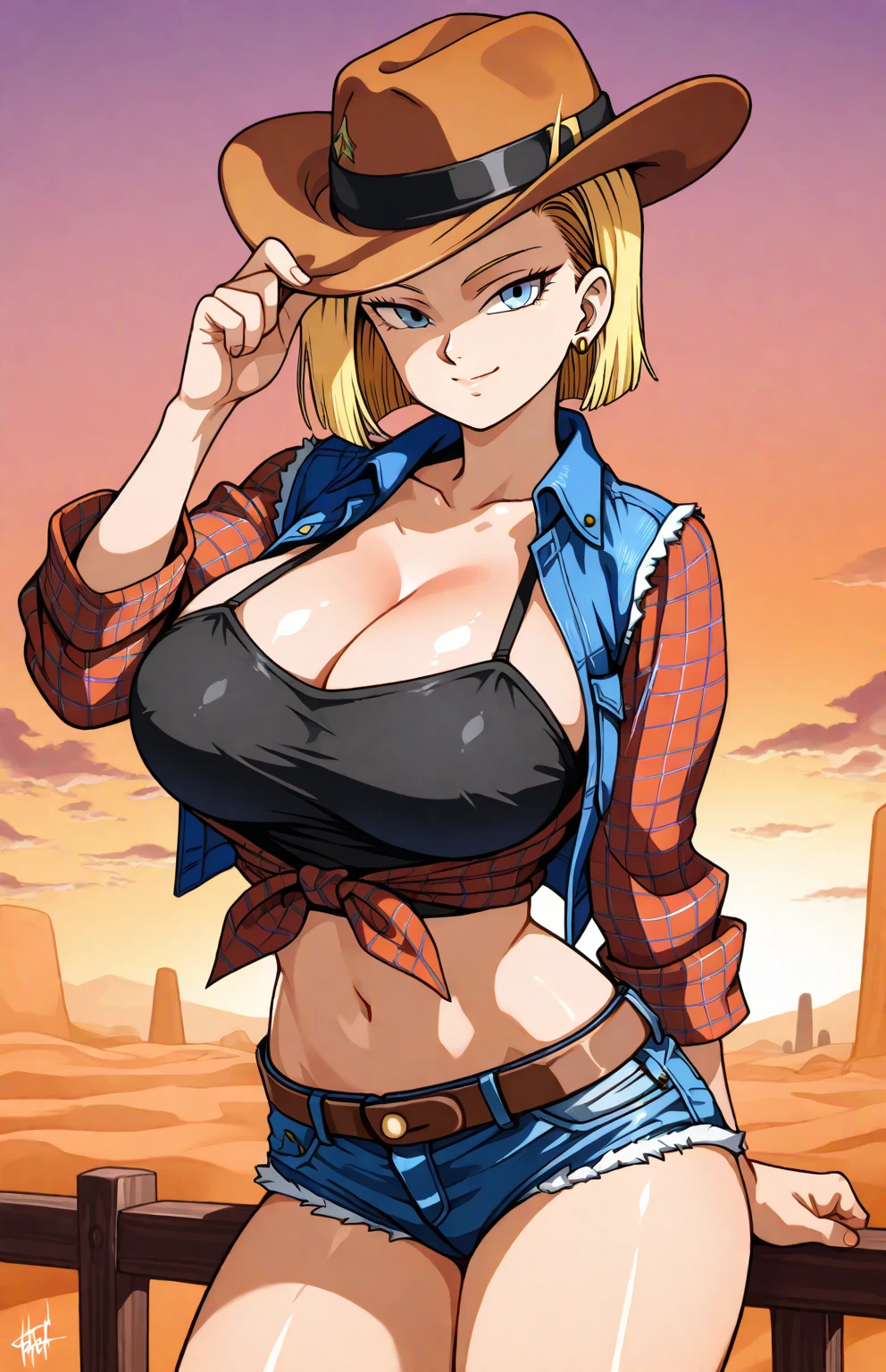 1girl, (solo:1.2), (standing:1.3), (interacting:1.3), (cowboy shot:1.5), (curvy:1.2), smile, happy, at ease, (masterpiece:1.3), (best quality:1.erfect anatomy:1.4), highly detailed, (tropical beach:1.alm trees, azure blue water, daylight, summer,, android18, earrings, denim, belt, blonde hair, blue eyes, short hair, jewelry, (denim vest:1.2), open vest, black pantyhose, black shirt, denim skirt, (white striped long sleevelue skirt, large breasts, 55level, semi-traditional artstyle, (clean lineart:1.3), (soft shading:1.2), expert shading