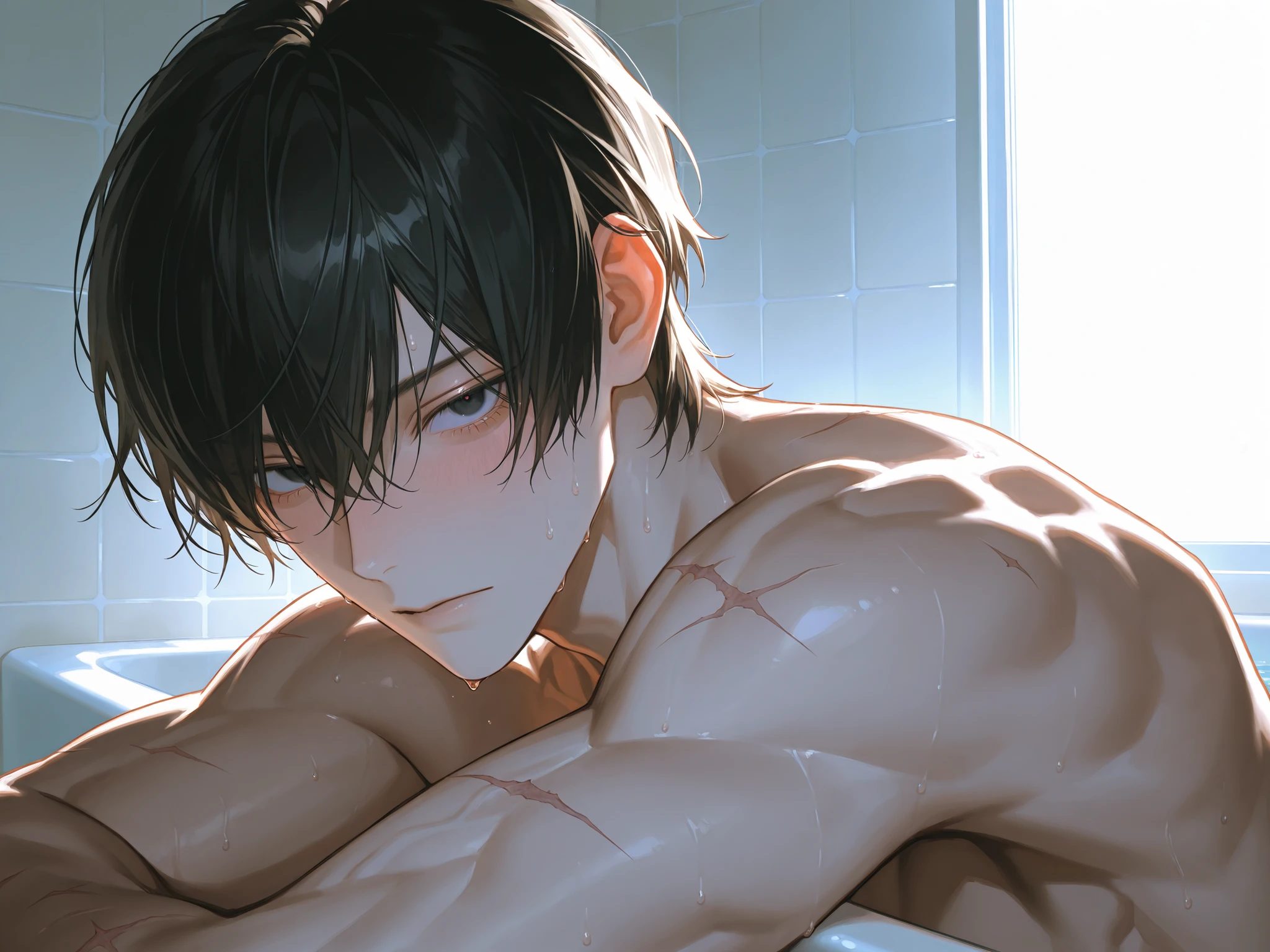 masterpiece, best quality, Detailed Eyes, 1Man, tall, sharp-featured Chinese man, 36 years old,188cm, lean but strong build,black hair,intense black eyes, cold and calculating gaze,pale skin with subtle scars,mysterious, dangerous, elegant ,Bathroom backgrounds
, solo , solo male , He is in the bathtub, Bathroom, bathing scene, naked , {{{fine eyes ,}}} , {4K , Best image quality , ultra-detailed, upper body } , NSFW , looking at viewer , {{Tall male , broad shoulders , defined muscles}} , deep blush , sweat , Short hair,Styling Hair ,Dynamic warm lighting , dramatic shadows . Cinematic lighting
