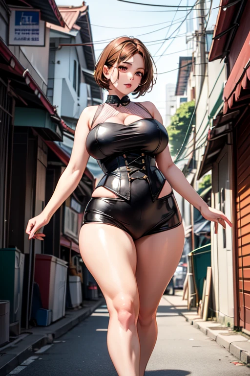 Beautiful woman, (black hair, short wavy hair), big breasts, voluptuous body, detailed body, light smile, looking at viewer, (Realistic white hair), walking on the street, full body, yes style