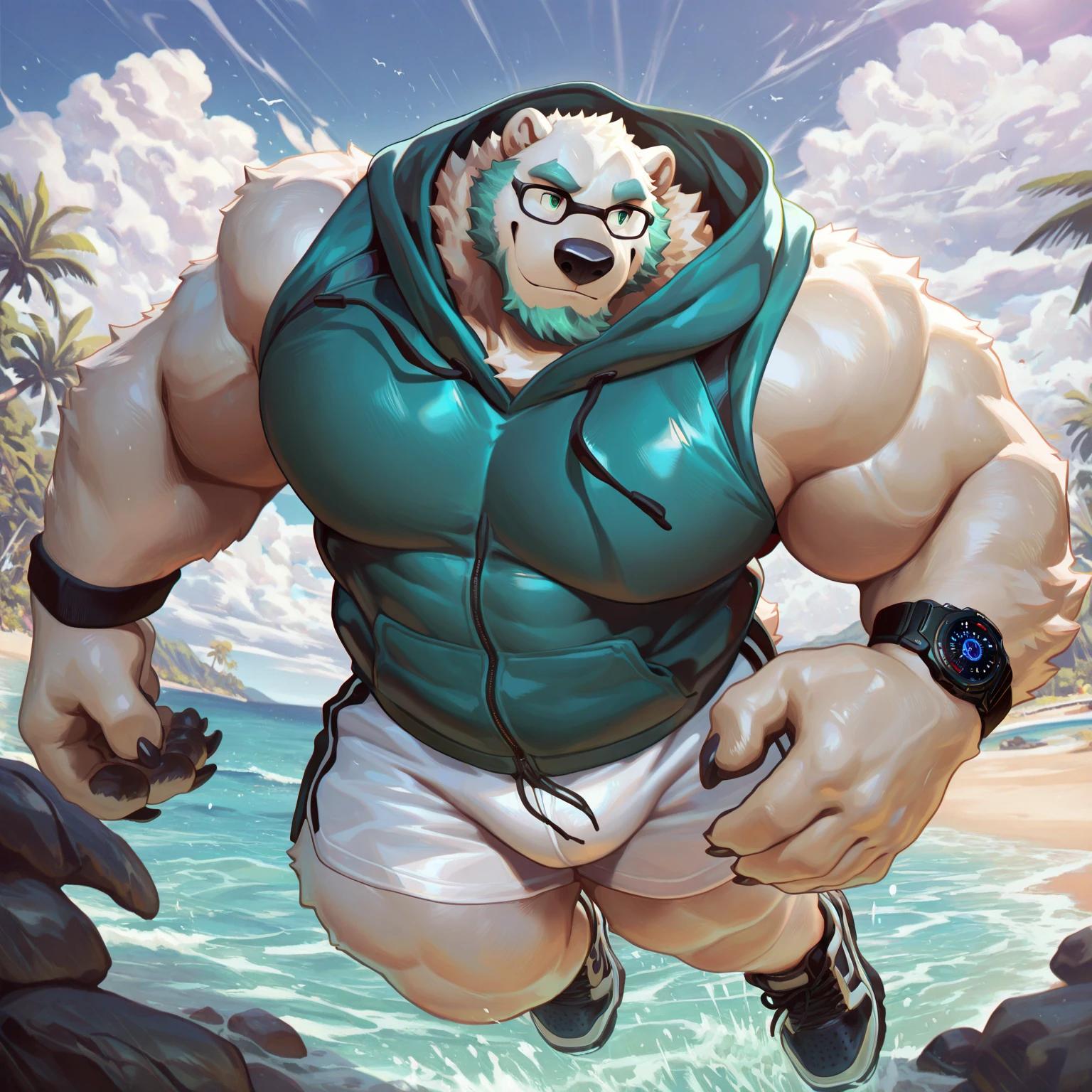 solo, 1boy, Huge Muscular Old Grizzly Bear wearing sunglasses, pectoral, huge pectoral, wide pectoral, short white hair, black swim trunks short black wristbands and shirtless topless, bearded, Moustache, surf board, background, masterpiece, high detailed, 8k, high resolution, horizontal, at the beach, surfing the waves,