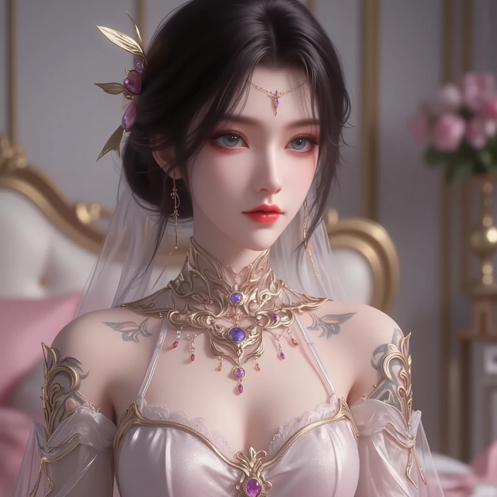 1 girl, looking at viewer, upper body, realistic, large breasts and round, excessively frilled princess dress, draped clothes, jewelry, ornament, flower, lace trim, beautiful big and round orange eyes, sharp eyebrows, very sharp and detailed peacock eyelashes and makeup, red lips, Smiling lips, long silky black hair and jewelry clips, masterpiece, best quality, 8k, detailed skin texture, detailed cloth texture, beautiful detailed face, intricate details, ultra detailed, rim lighting, side lighting, cinematic light, ultra high res, 8k uhd, film grain,best shadow, delicate, RAW