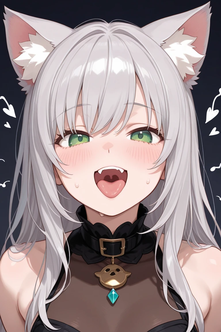 ruined makup, woman, ahg, rolling eyes, ahegao, tongue out, grin, sitting, cat ears, white hair