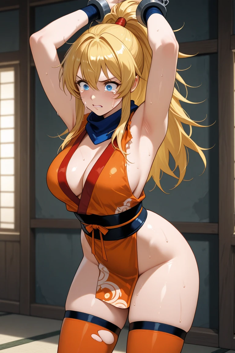 One girl, medium long hair, blonde, blue eyes, youthful appearance, slightly large breasts, (slightly large breasts: 1.4), cleavage, exposed shoulders, standing, collarbone, full body, ponytail, thighs, open lips, kimono, shiny, arms up, shiny hair, shiny skin, open bangs, obi, high ponytail, revealing clothing, rope, pelvic curtain, ninja