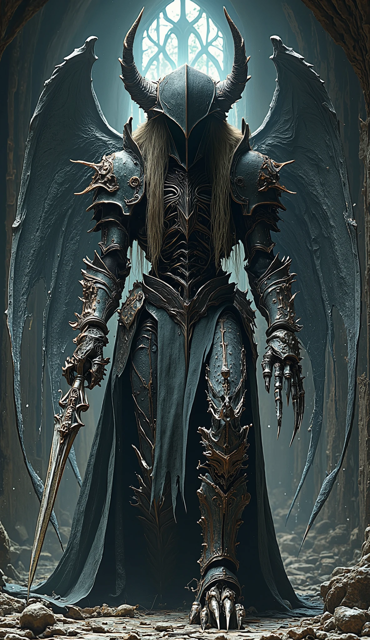 ((masterpiece)) ((hyperrealistic)) ((Very detailed)) Metal skeleton, impressively and frighteningly: long hair in an attacking position and screams. His body made of rusty steel and devoid of flesh. . In one hand, she holds a worn spear, and in the other, the, decorated with dark symbols and bright figures, resembling an ancient horn of error. behind him , enormous, dilapidated wings flap with a ghostly creak. room, in which he dwells, shield is covered with a web, with a broken glass window, through which dim light enters. Everything in this dark and gloomy setting is designed to terrify, ((high definition)), 8 k.