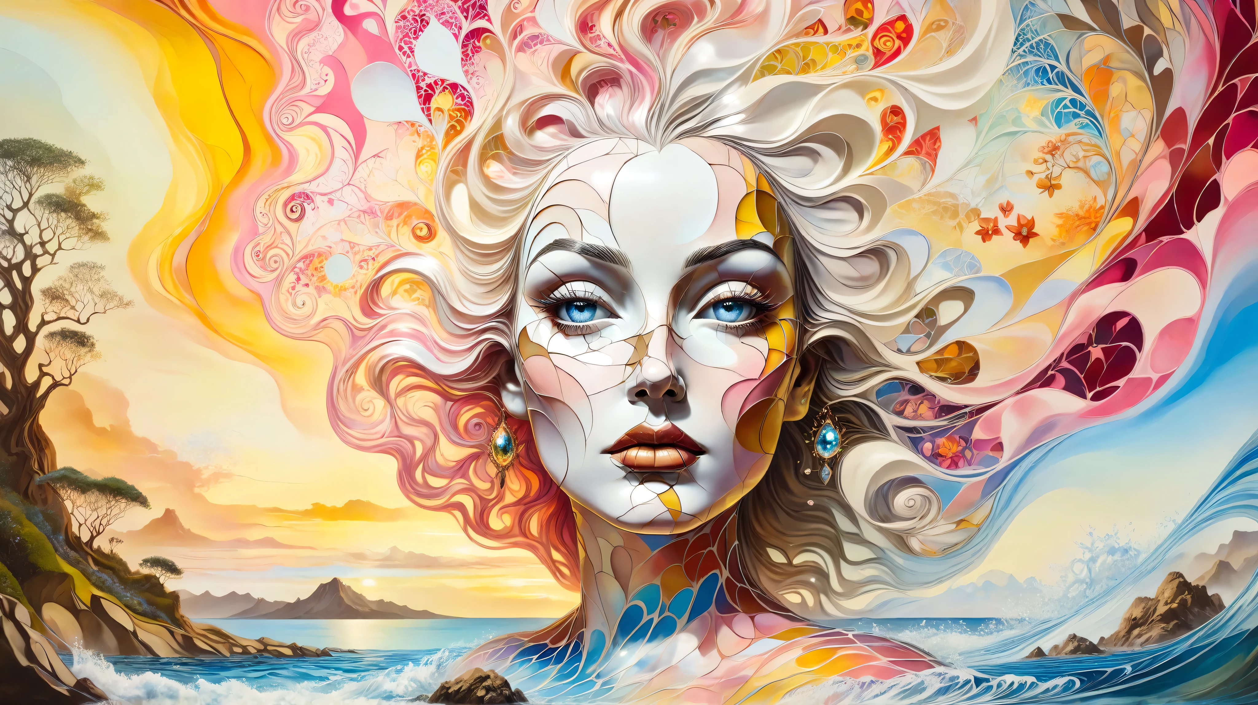 A surreal oil painting inspired by Salvador Dalí, depicting a woman's face merging with nature. Her features are fluid, blending into swirling floral patterns in vibrant pinks, oranges, and yellows. Her ethereal skin is a mix of whites and earth tones, partially dissolving into the surrounding dreamlike landscape. The background fades into a serene body of water reflecting the surreal elements. Warm, glowing lighting enhances the mystical harmony between humanity and nature. --v 5 --stylize 1000