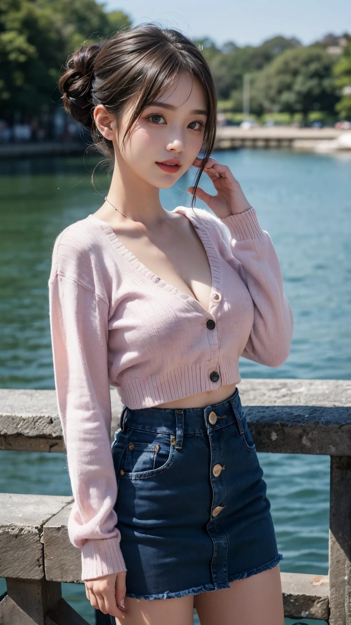 (Highest quality、超High resolution、 Tabletop, Mid-length hair, Moisturized eyes down to the finest detail, Textured skin, Highest quality, figure, Super detailed, In detail, High resolution, In 8K, wallpaper, Perfect dynamic composition, Beautiful attention to detail, Natural Lip, Medium chest:1.2, Cleavage, Random sexy poses, (Short sleeve pink knit、Two Piece、Belly button)、Rain-soaked street corner