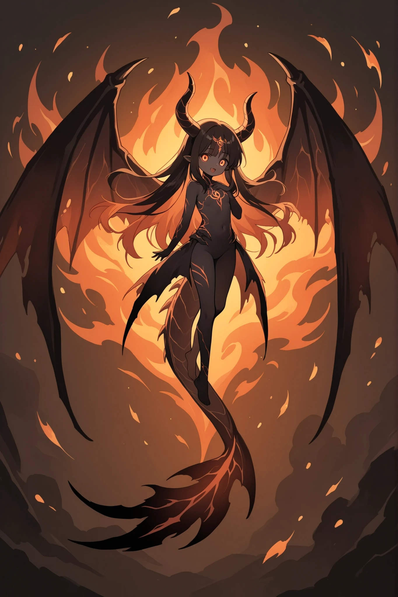 Appearance:
Skin: Deep crimson with faint, shimmering dragon scales.
Eyes: Fiery orange, glowing with draconic power.
Horns: Two sharp black horns curving back from her forehead.
Wings: Full, leathery wings with veins of red and black shadow, allowing her to fly with great agility.
Clothing: A crown of fire and shadow, with ragged, flame-adorned robes.
Aura: A constant radiance of flame and shadow, leaving traces of burning embers and dark mist wherever she steps.