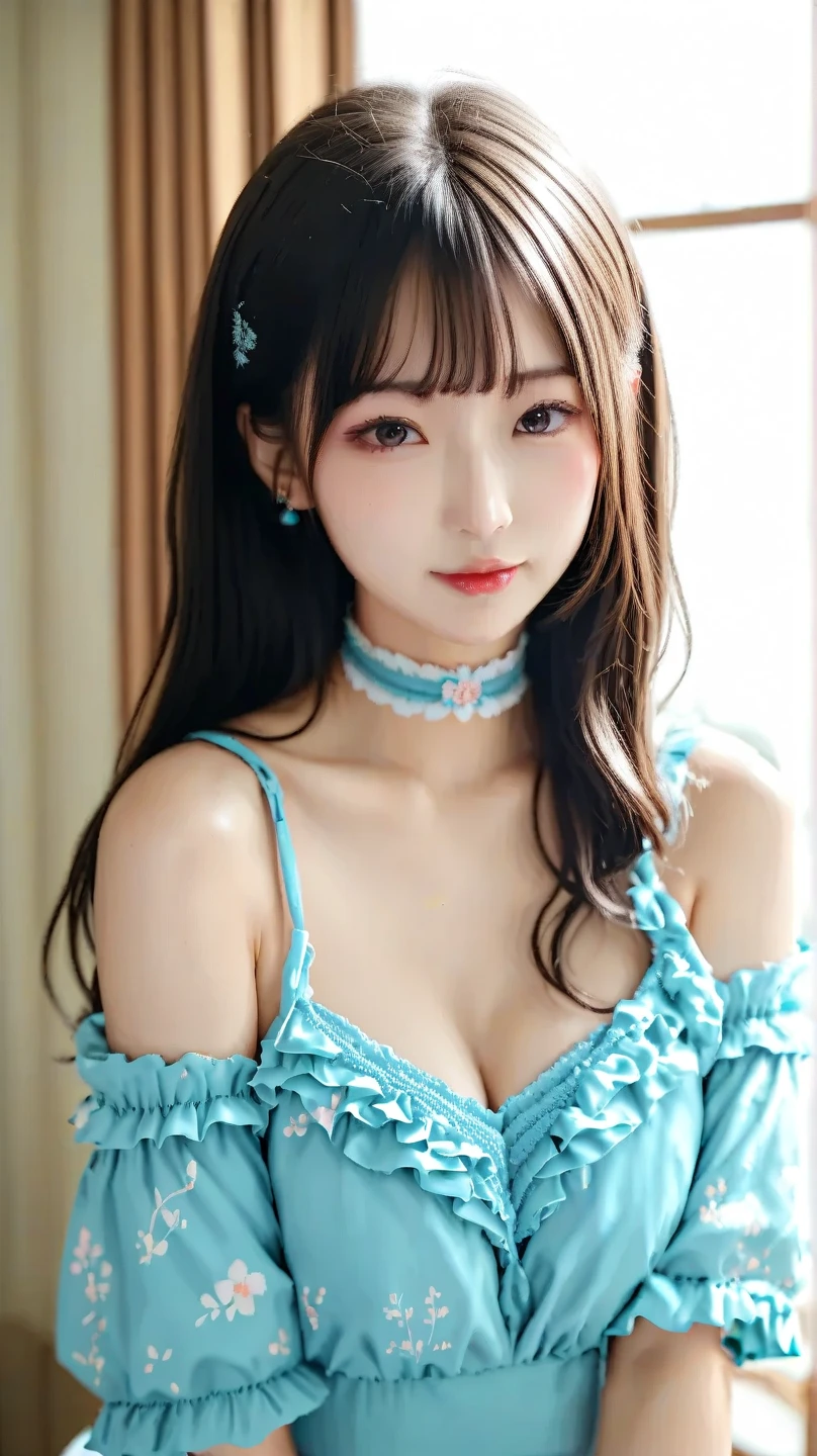 brightexpression、photorealistic stick:1.32、highest quality、超A high resolution、Photos of the most beautiful Japan girls、cute and beautiful face details、small face、(Pueros face_V1:0.008)、Beautiful bangs、14 years old、Brilliant white skin、hair gets tangled in face、Bangs that reach down to the face、bangs、hair between eyes、super long hair、charming brown silky hair、bright、Clear light blue eyes shine charmingly、ample breasts、Dynamic poses highest quality、disorganized、((the cutest girl in the world))、Japanese、14 years oldの女の子、Cafe、((lace dress:1.3))、(half up hair:1.3)、(tie with a thin ribbon)、nice and cute、innocent smile、nice smile、cleavage、(big breasts:1.3)、ponytail、brown hair、thin waist、detailed beautiful eyes、face forward、Upper body、close up of face、Front view、