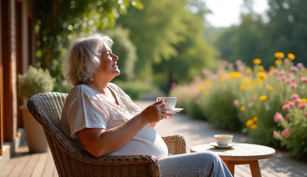 A woman with ashy hair, average length, slightly overweight,  Slavyanka. Sits relaxed in a wicker chair on the wide wooden terrace, looking out at his blooming garden and drinking coffee. The cup is on the table next to the chair. Her face is relaxed, she smiles.  summer,  flowers,  Sunny. happiness.