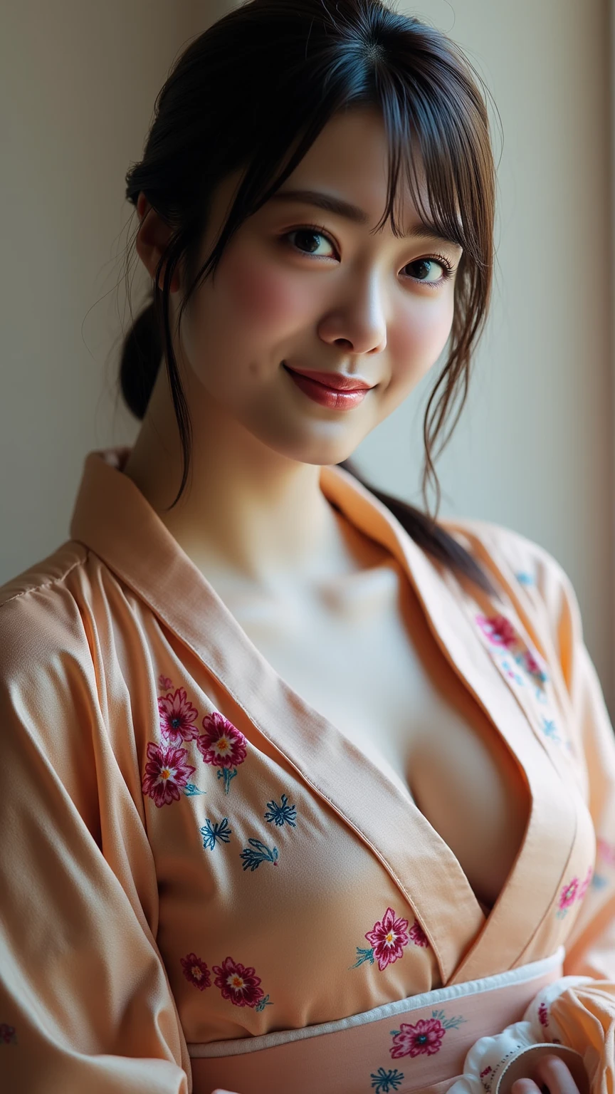 (1young girl), Extremely cute face, Amazing face and eyes, (Highly detailed eyes, Highly detailed face), fresh, Very clean appearance, (Hyper-realistic, hight resolution), (Best Quality:1.4), Raw photo, (Realistic, Photorealsitic:1.37), Professional Photography, (floral pattern yukata:1.5), (Open yukata), (cleavage:1.2), (Bare shoulders), Smile slightly, (Staring at me), Bedroom, girl portrait,