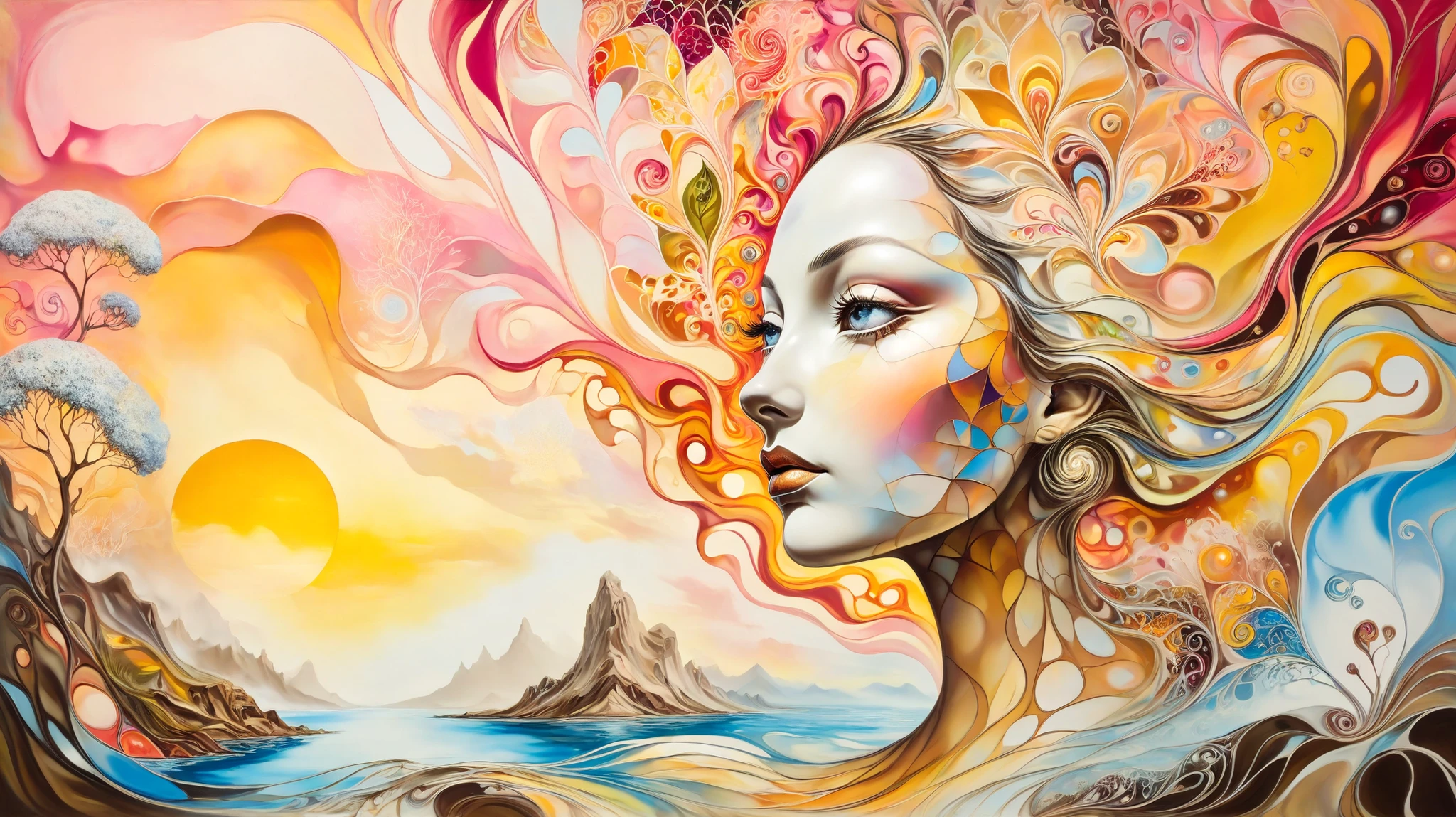 A surreal oil painting inspired by Salvador Dalí, depicting a woman's face merging with nature. Her features are fluid, blending into swirling floral patterns in vibrant pinks, oranges, and yellows. Her ethereal skin is a mix of whites and earth tones, partially dissolving into the surrounding dreamlike landscape. The background fades into a serene body of water reflecting the surreal elements. Warm, glowing lighting enhances the mystical harmony between humanity and nature. --v 5 --stylize 1000