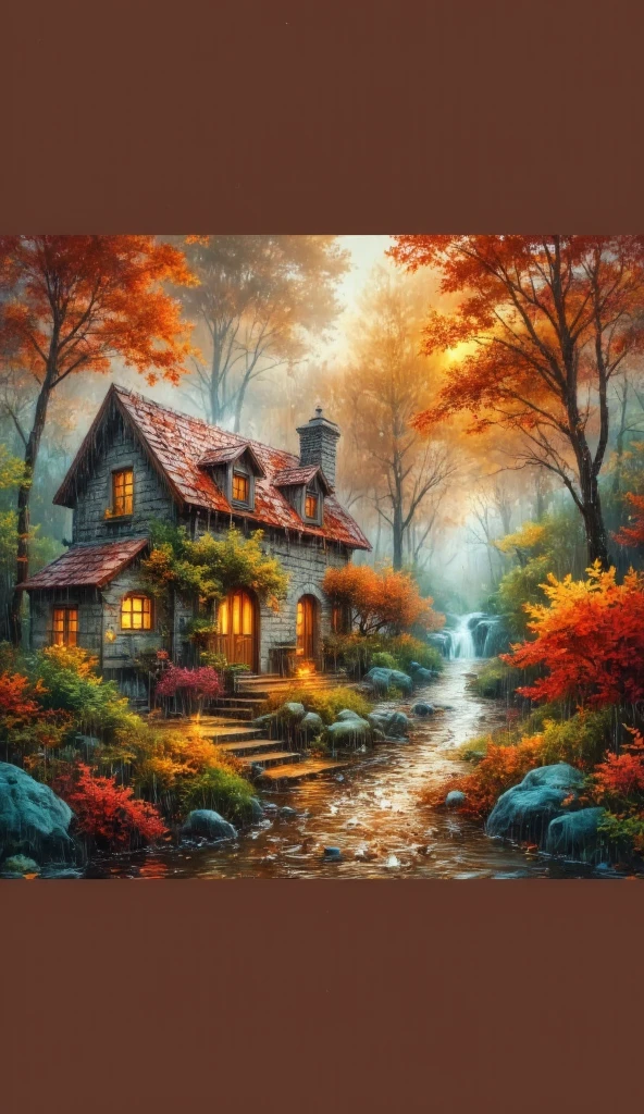 glass liquid, glossy ink, wet ink, raining autumn, charming old stone cottage with a red-tiled roof, vibrant autumn forest, winding creek8k, high resolution, photorealistic, vibrant colors, dramatic lighting, wet effects, autumn colors, intricate details, lush foliage, mossy rocks, flowing water, reflections, warm tones, moody atmosphere, overcast sky, realistic painting