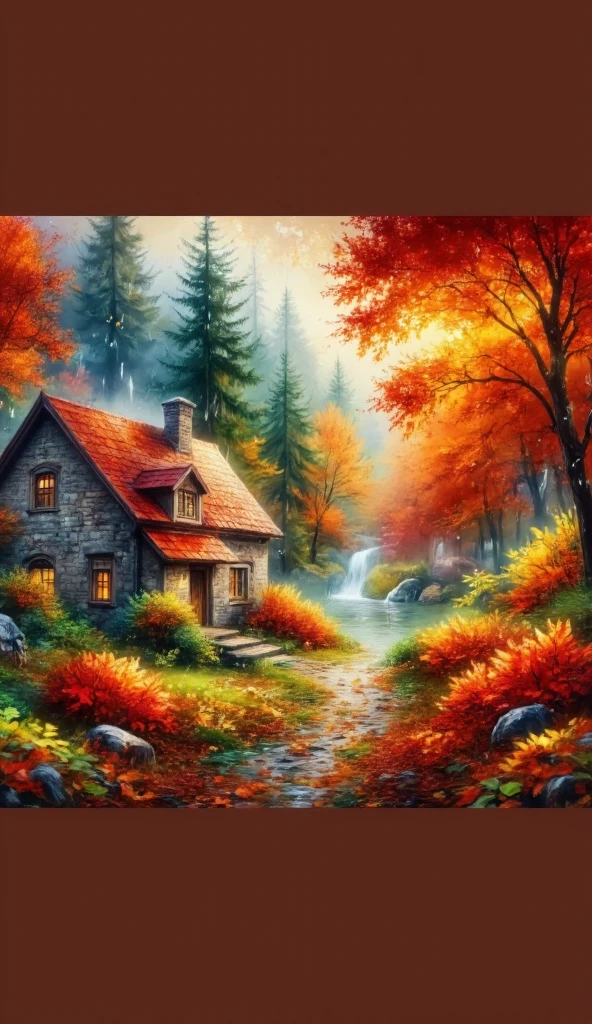 glass liquid, glossy ink, wet ink, raining autumn, charming old stone cottage with a red-tiled roof, vibrant autumn forest, winding creek, 8k, high resa photorealistic, 8k, high resolution picture of a charming old stone cottage with a red-tiled roof, surrounded by a vibrant autumn forest with a winding creek flowing nearby, as rain falls gently on the scene, creating a glossy, wet ink effect on the glass liquid surfaces