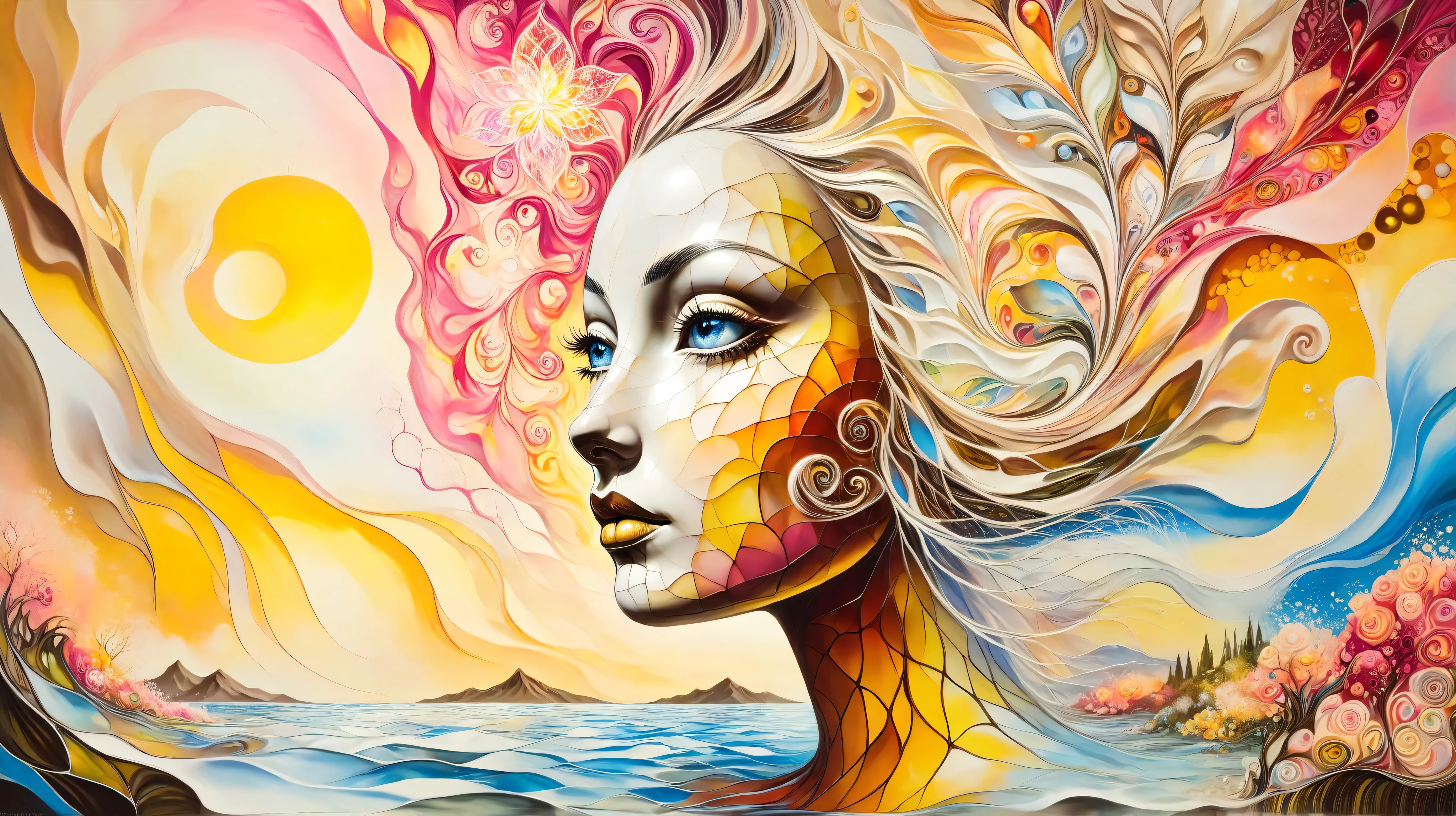 A surreal oil painting inspired by Salvador Dalí, depicting a woman's face merging with nature. Her features are fluid, blending into swirling floral patterns in vibrant pinks, oranges, and yellows. Her ethereal skin is a mix of whites and earth tones, partially dissolving into the surrounding dreamlike landscape. The background fades into a serene body of water reflecting the surreal elements. Warm, glowing lighting enhances the mystical harmony between humanity and nature. --v 5 --stylize 1000