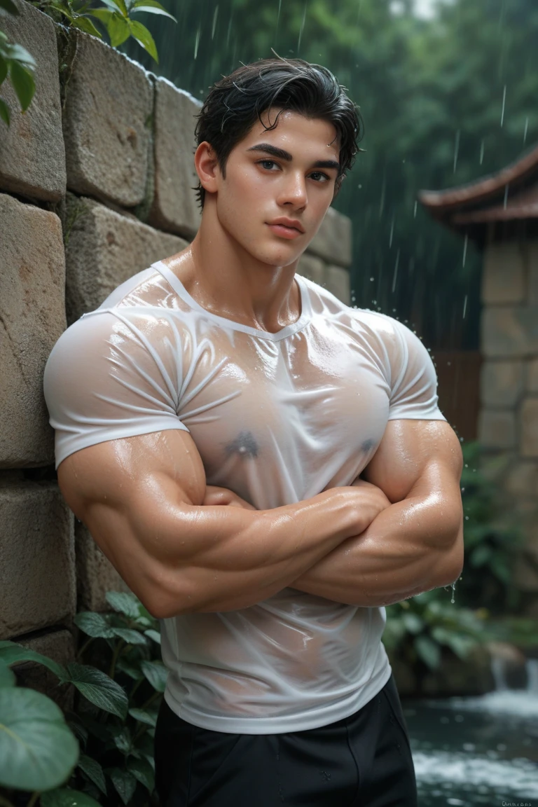 Muscle body, Soaked white THONG, hairy body, teenager, very wet body, Hairy stomatch, very hairy abs, Very bushy hairy armpits, hairy pubic, hairy crotch, white transparent see through sleeveless shirt, Super Realistic photography, PROUDLY SHOWING OFF HIS BODY, boy, Wearing soaked white sleeveless t-shirt, NO PANTS, NO BOXER, DETAILED, sexy, wearing soaked THONG, ABS EXPOSED, Very wet body, very wet, dirty urinal, public men toilet, men urinal, pantless just wearing soaked white thong exposed HIS big bulge, Showing off his very hairy armpits, muscle fit body, teenager, very cute boy face, 17 years y young teenager boy, seedy and dirty alley scenery, in the middle of Crowded public toilet, dickprint, Sweat dripping all over the body, Proudly showing off his sweaty very hairy armpits to audience , The colors are bright and vibrant, enhancing the overall aesthetic. The lighting is soft and natural, casting a soft glow on the boy, don't merge body's, detailed eyes and lips, sixpack and fit body. Image quality is of the highest standard, with ultra-detailed features and a realistic appearance.