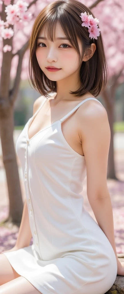 neat college girl、petite person、((Large, loose white camisole、white  panties、Straight Bob Hair))、Outside the field、(Slimed、small tit、flat boobs、small boobs)、Photorealsitic、detaileds, Skin texture, ultra-detailliert、Delicate and sexy collarbone、a smile、Super detailed face、detailed lips、A detailed eye、二重まぶた、Sitting on legs bending the knees、squatting、White panties are visible from the skirt、sexy  pose