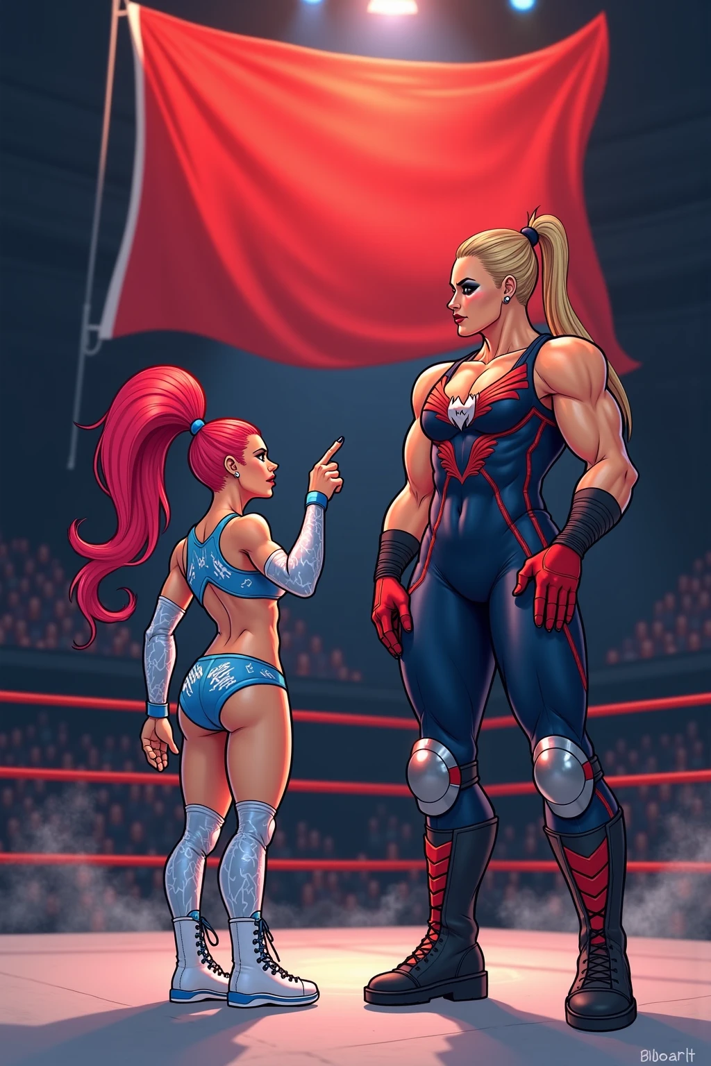 Latin and European wrestling wrestlers in yellow with blue bodies. Thin athletic bodies. Erect breasts. Raised buttocks. Long soft pink hair. With audience of women in sexy underwear.